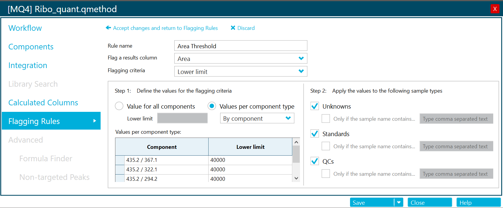 Custom flagging rule for area threshold