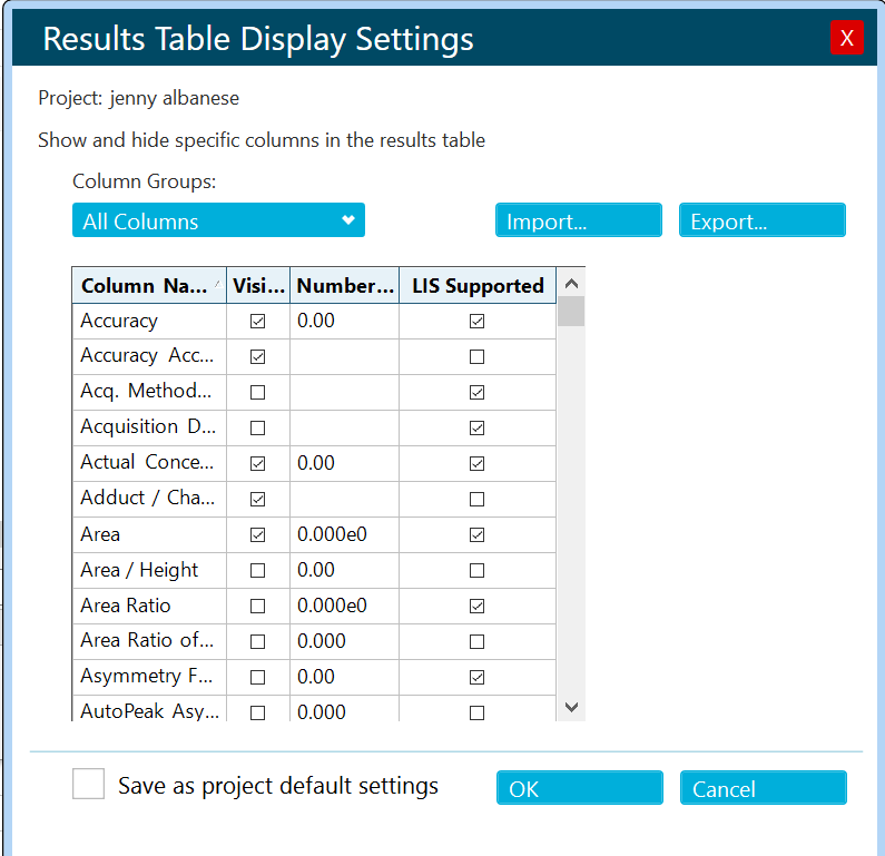 results table display settings