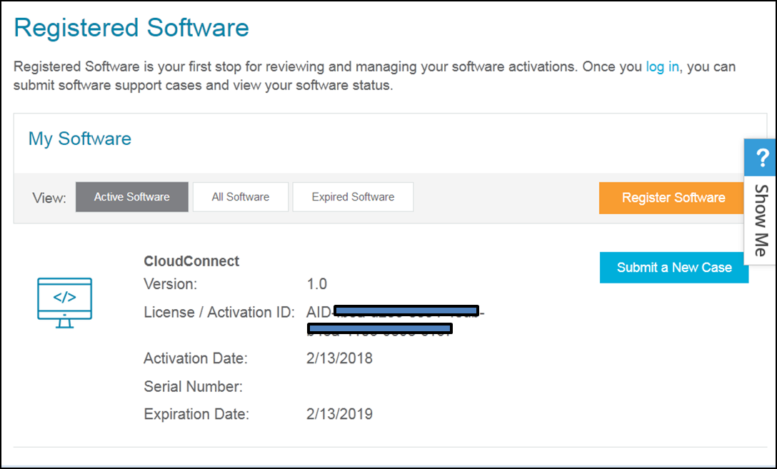 Registered software webpage