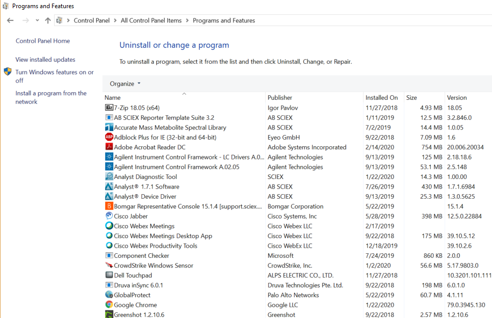List of instlalled programs