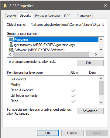 Screen shot of windows permissions