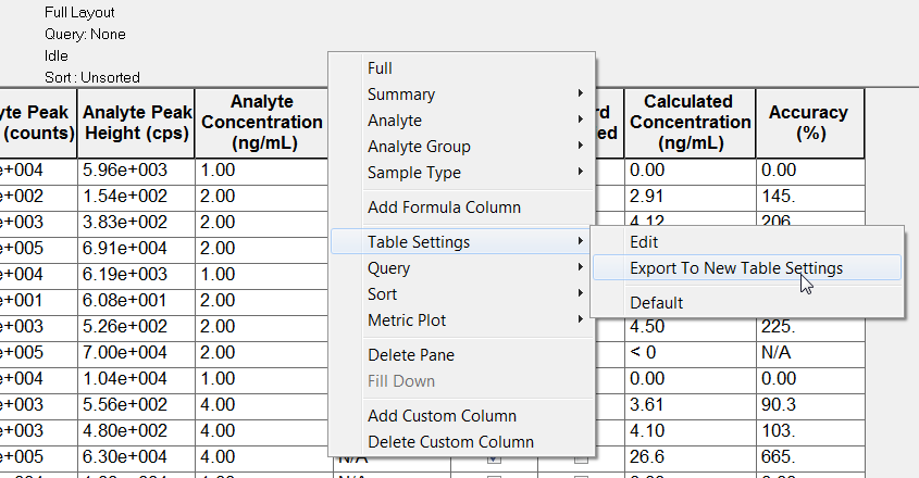 Export to new table settings